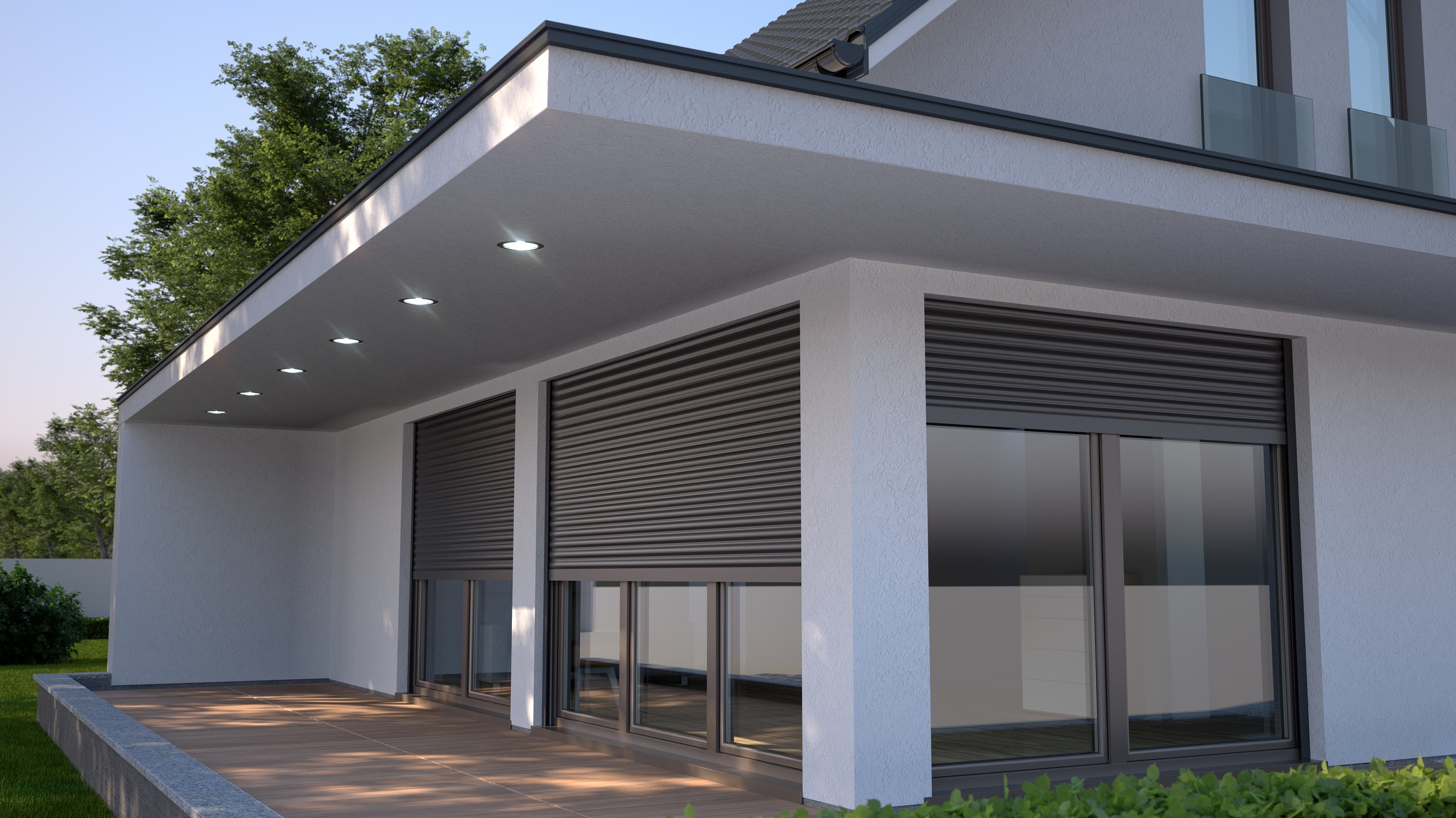 Terraza moderna con una pérgola bioclimática de aluminio y muebles de exterior en una casa en Santiago de Chile